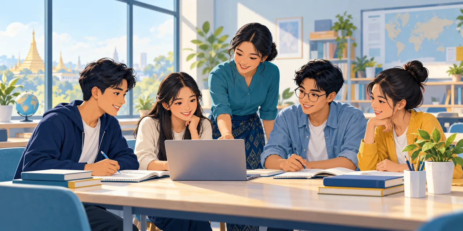 Illustration of Southeast Asian students learning together with a teacher.